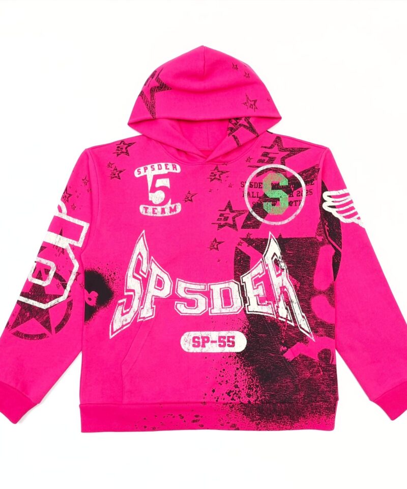 Sp5der Pink Spray Graphic Hoodie – Premium 450g Cotton Fleece Streetwear Pullover