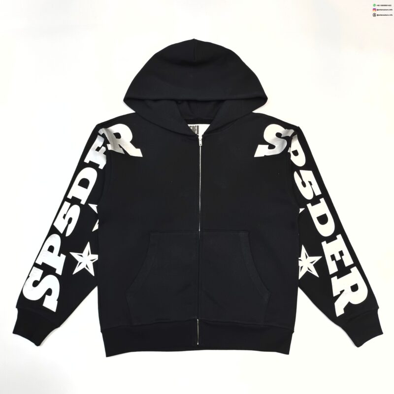 Sp5der Silver Letter Sleeve Black Zip Hoodie – Premium 450g Cotton Fleece Streetwear Jacket