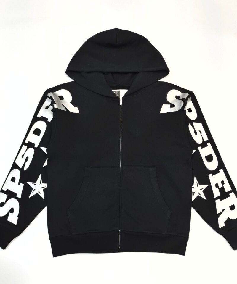 Sp5der Silver Letter Sleeve Black Zip Hoodie – Premium 450g Cotton Fleece Streetwear Jacket