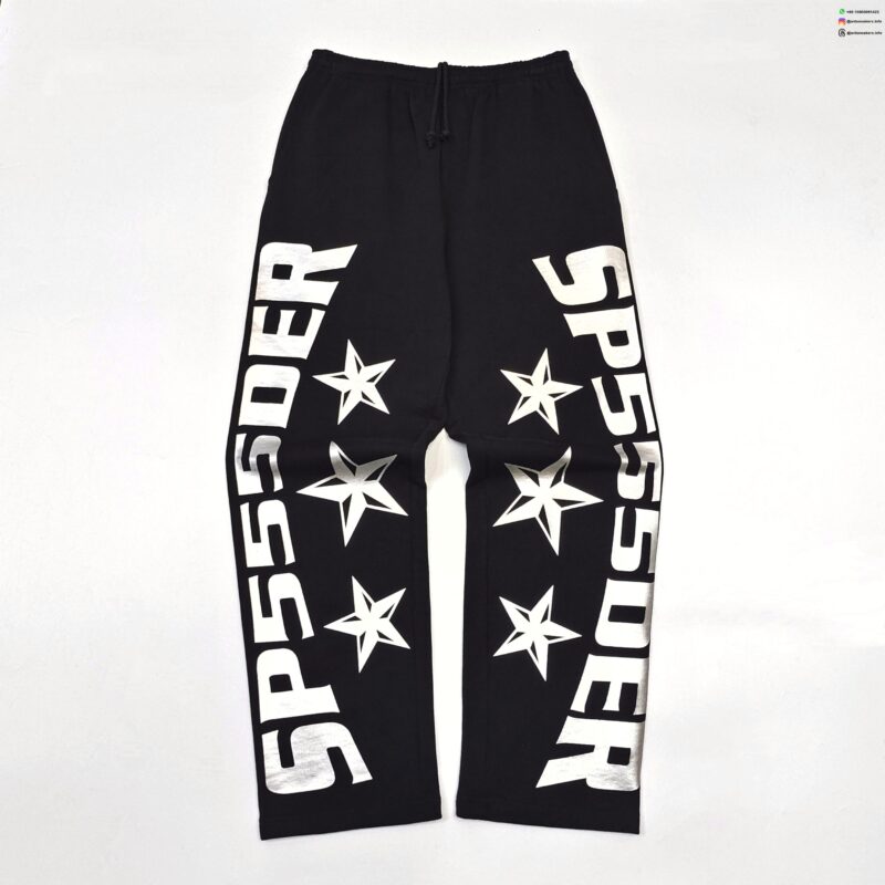 Sp5der Silver Letter Straight-Leg Sweatpants – Premium Heavyweight Fleece, Black Joggers with Bold Graphics
