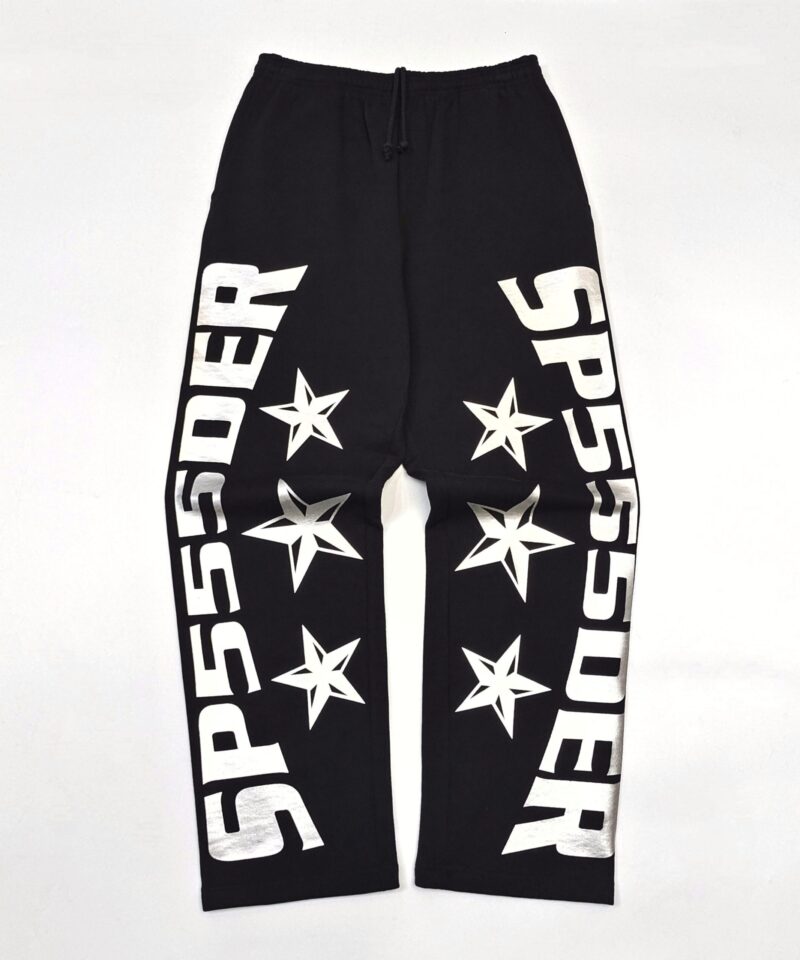Sp5der Silver Letter Straight-Leg Sweatpants – Premium Heavyweight Fleece, Black Joggers with Bold Graphics