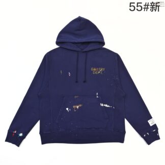 Gallery Dept Hand-Painted Front & Back Yellow Letter Hoodie – Deep Blue Vintage Wash