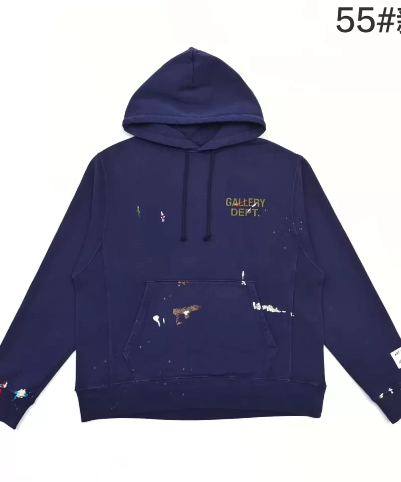 Gallery Dept Hand-Painted Front & Back Yellow Letter Hoodie - Deep Blue Vintage Wash