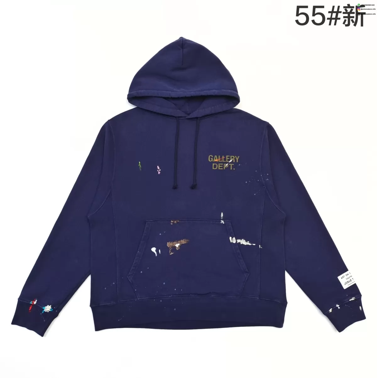 Gallery Dept Hand-Painted Front & Back Yellow Letter Hoodie - Deep Blue Vintage Wash