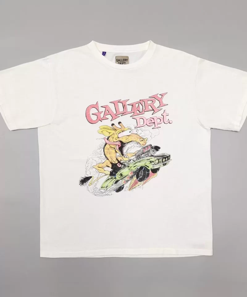 Gallery Dept Long Neck Deer Convertible Car T-Shirt - Cream Vintage Washed Cotton Tee
