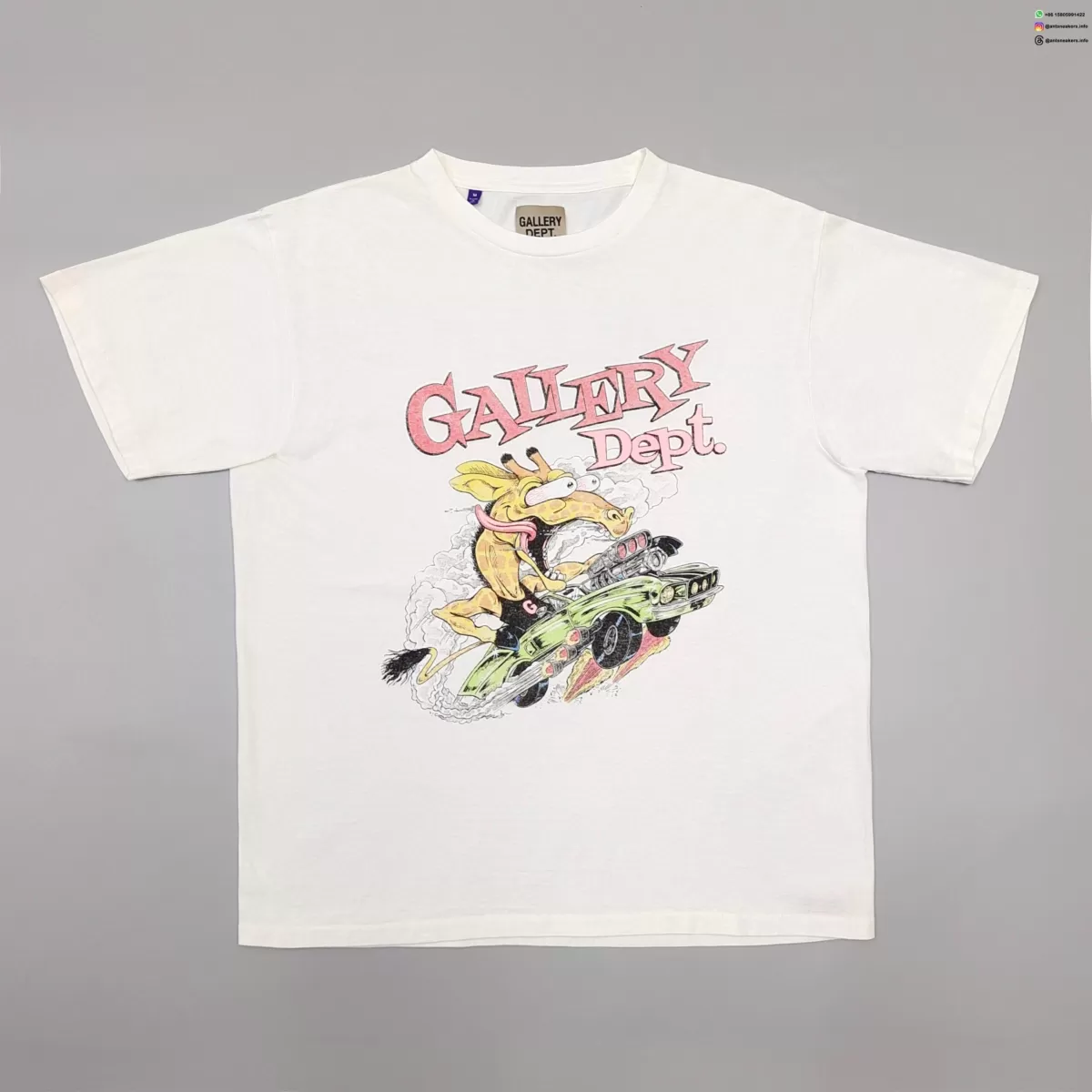 Gallery Dept Long Neck Deer Convertible Car T-Shirt - Cream Vintage Washed Cotton Tee