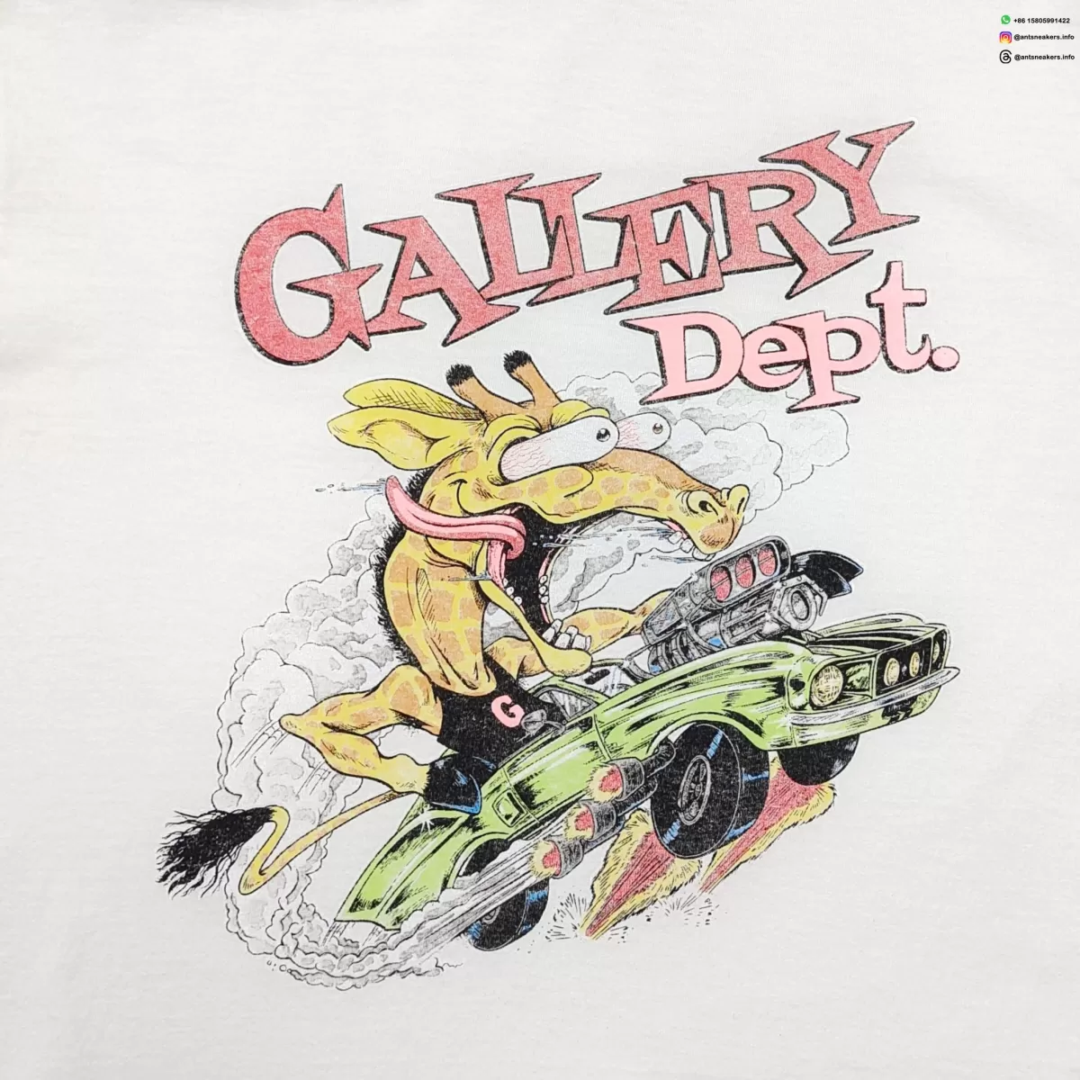 Gallery Dept Long Neck Deer Convertible Car T-Shirt - Cream Vintage Washed Cotton Tee