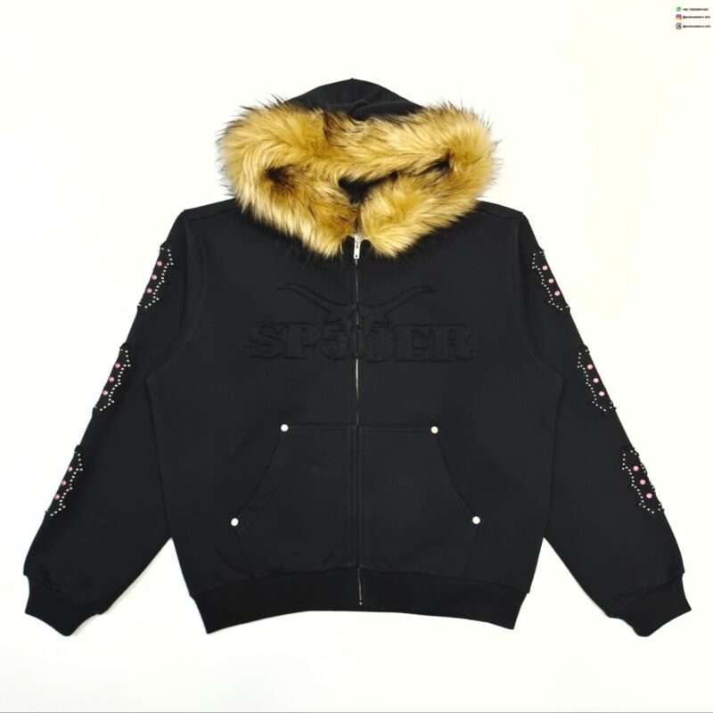 Sp5der Black Fur Collar Zip Hoodie – Heavyweight Cotton Full Zip Streetwear Jacket sp5der20251210001 product image 1 - Antsneakers