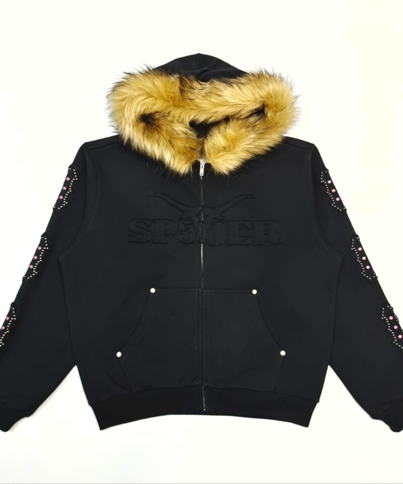 Sp5der Black Fur Collar Zip Hoodie – Heavyweight Cotton Full Zip Streetwear Jacket sp5der20251210001 product image 1 - Antsneakers