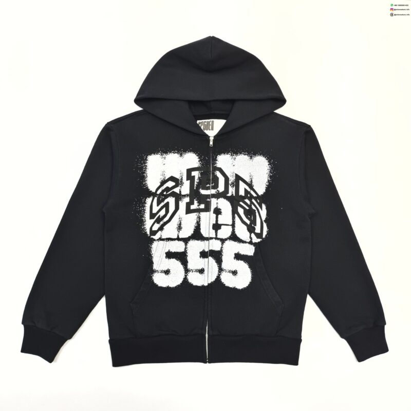 Sp5der Black Zip Hoodie with White Letter Print – Heavyweight Cotton Streetwear Hoodie sp5der20251226001 product image 1 - Antsneakers