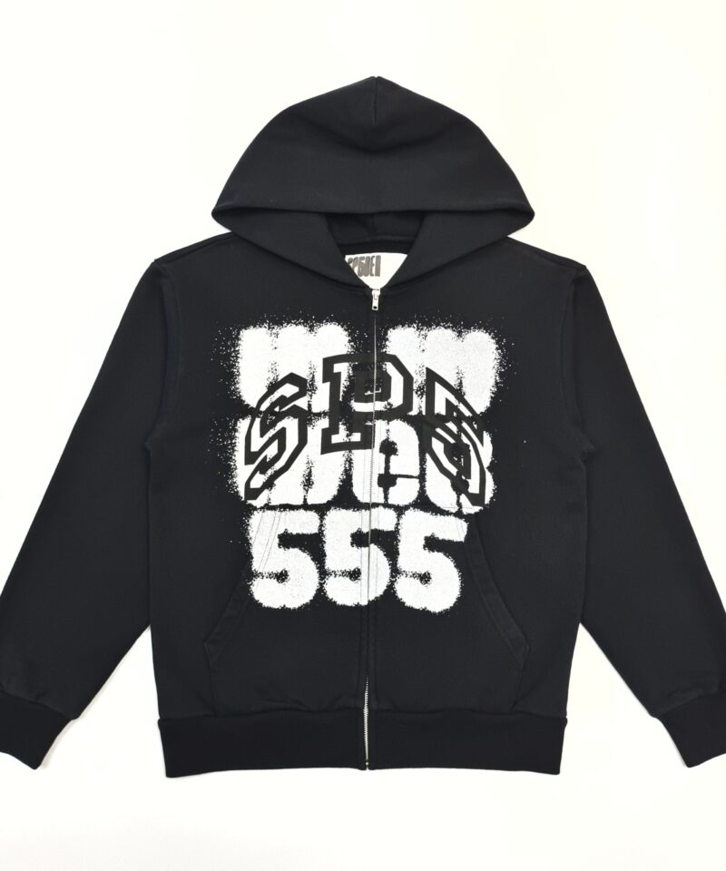 Sp5der Black Zip Hoodie with White Letter Print – Heavyweight Cotton Streetwear Hoodie sp5der20251226001 product image 1 - Antsneakers