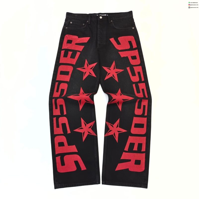 Sp5der 555 Black Denim Jeans – Red Logo Star Print Washed Vintage Jeans Sp5der20260104001 product image 1 - Antsneakers