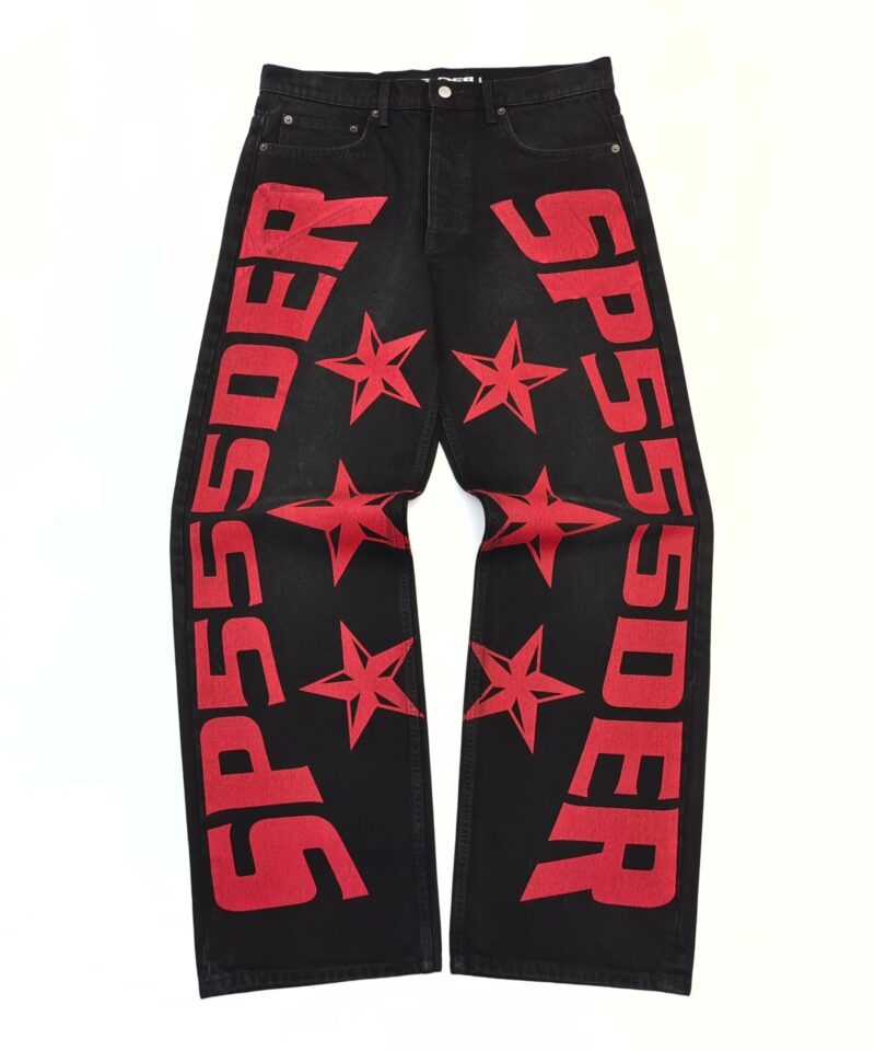 Sp5der 555 Black Denim Jeans – Red Logo Star Print Washed Vintage Jeans Sp5der20260104001 product image 1 - Antsneakers