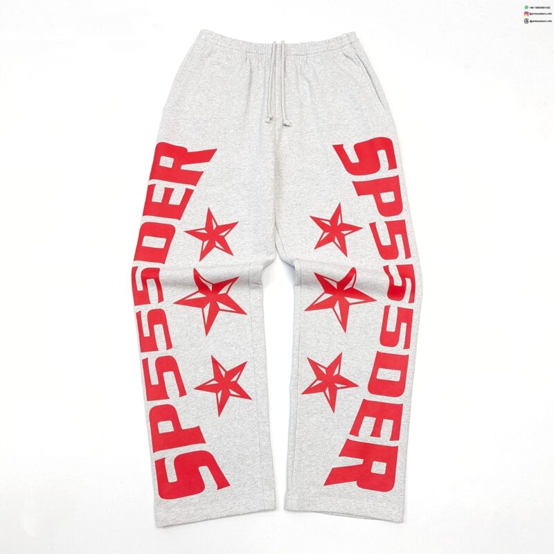 Sp5der Grey Straight Leg Sweatpants – Red Letter Print Heavyweight Cotton Pants sp5der20260104003 product image 1 - Antsneakers