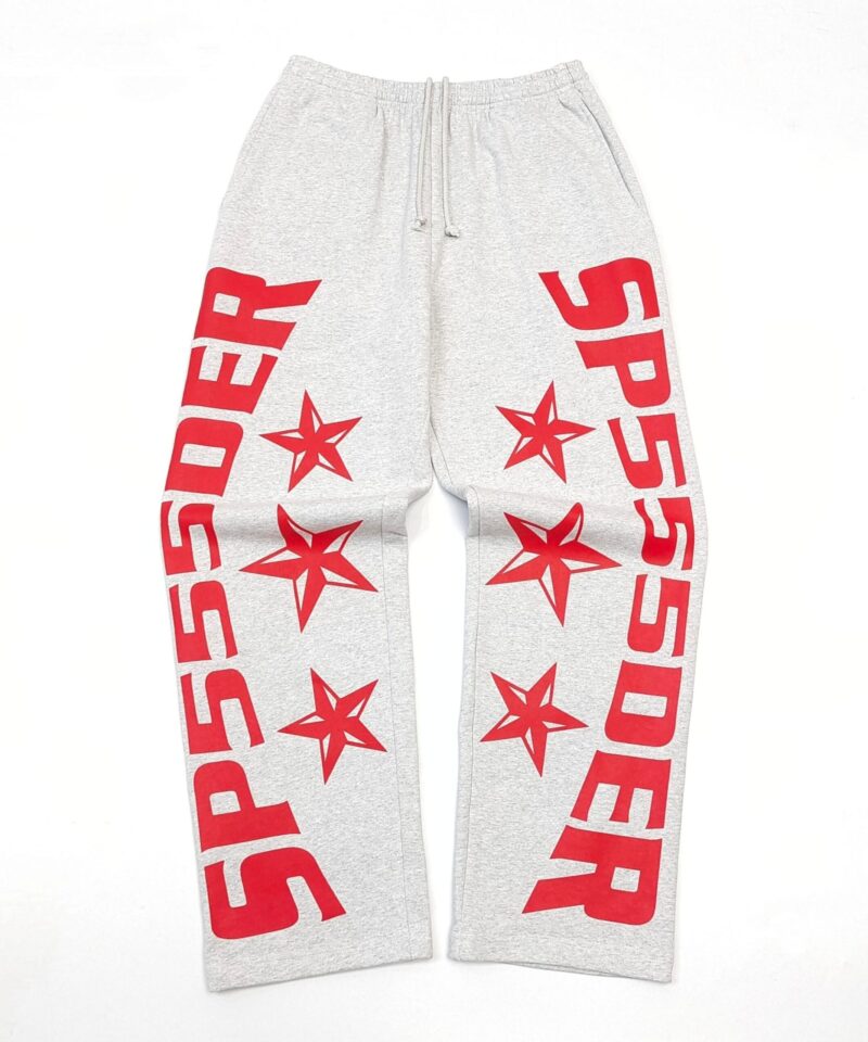 Sp5der Grey Straight Leg Sweatpants – Red Letter Print Heavyweight Cotton Pants sp5der20260104003 product image 1 - Antsneakers