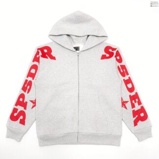 Sp5der Grey Zip Hoodie – Red Sleeve Letter Print Heavyweight Cotton Hoodie