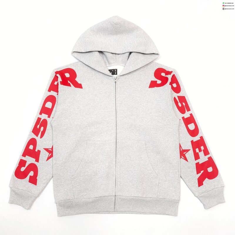 Sp5der Grey Zip Hoodie – Red Sleeve Letter Print Heavyweight Cotton Hoodie