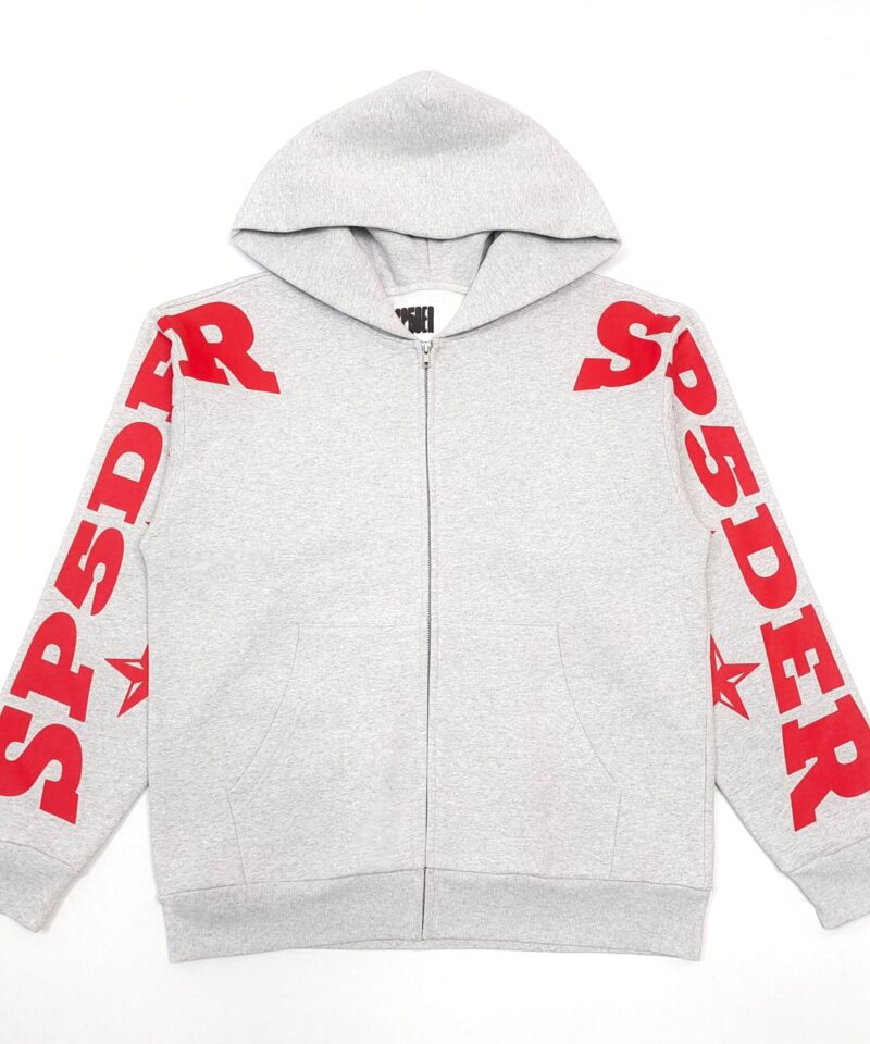 Sp5der Grey Zip Hoodie – Red Sleeve Letter Print Heavyweight Cotton Hoodie