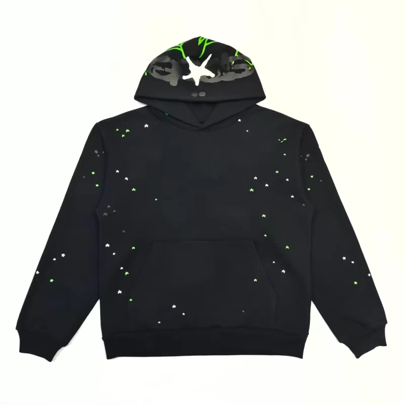 Sp5der Black Hoodie with Green Web Print – Heavyweight Cotton Streetwear Hoodie
