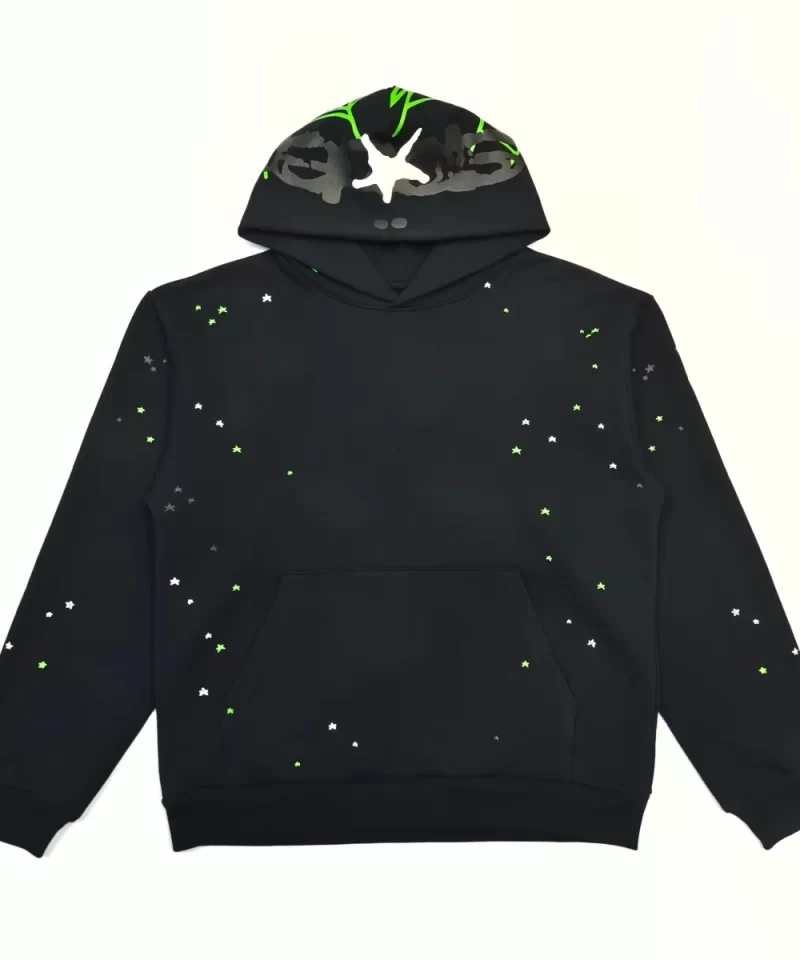 Sp5der Black Hoodie with Green Web Print – Heavyweight Cotton Streetwear Hoodie
