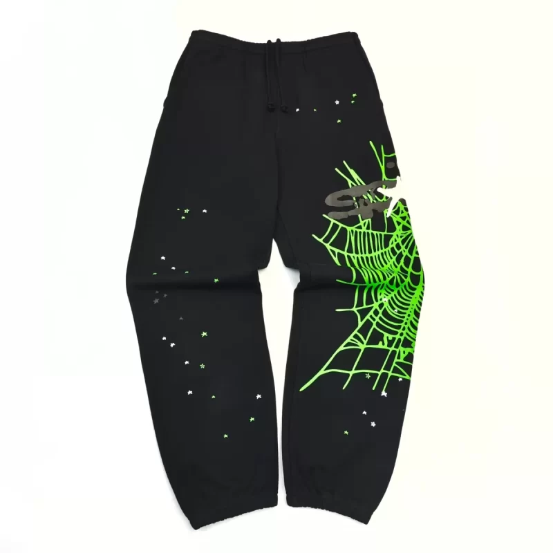 Sp5der Black Sweatpants with Green Web Print – Heavyweight Cotton Streetwear Joggers