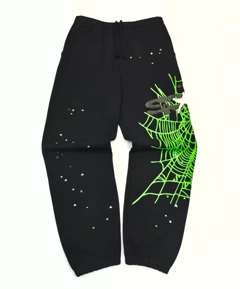 Sp5der Black Sweatpants with Green Web Print – Heavyweight Cotton Streetwear Joggers