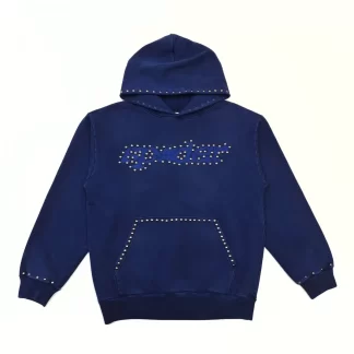 Sp5der Studded Logo Hoodie V3 – Deep Blue Heavyweight Cotton Pullover