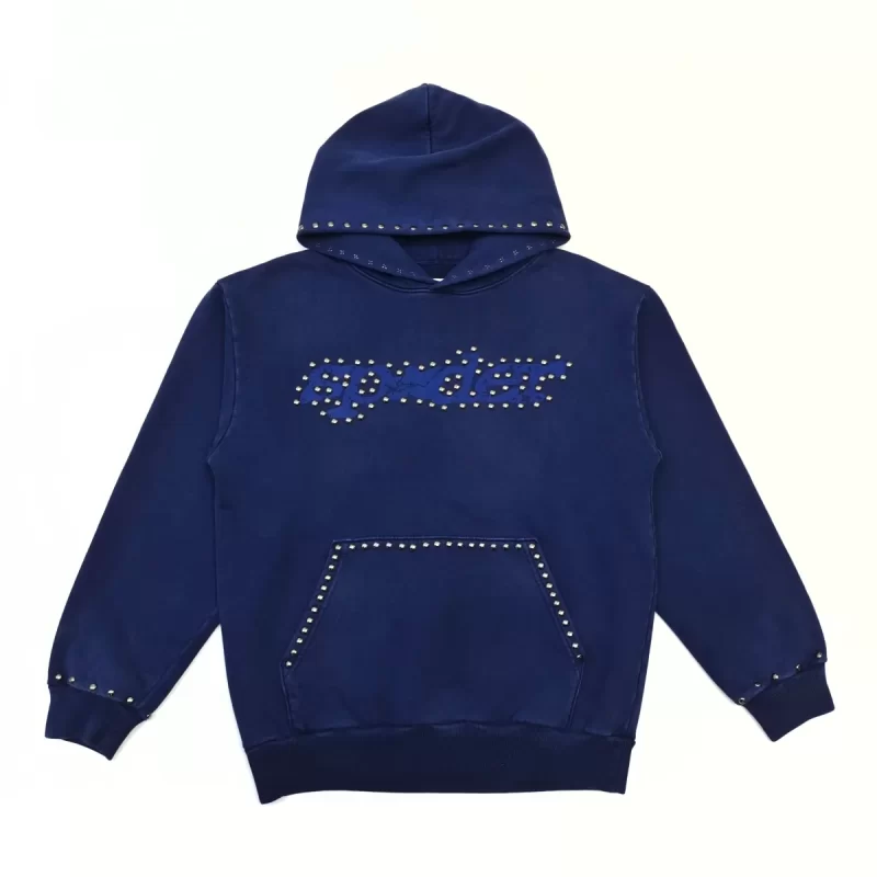 Sp5der Studded Logo Hoodie V3 – Deep Blue Heavyweight Cotton Pullover