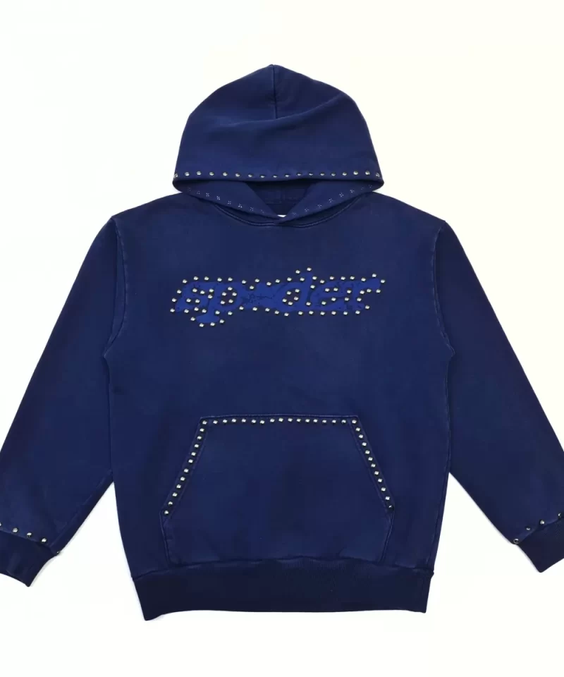 Sp5der Studded Logo Hoodie V3 – Deep Blue Heavyweight Cotton Pullover