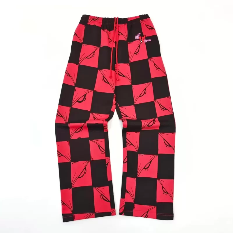Anti Promo Red Black Checker Sweatpants – Patchwork Wide Leg Streetwear Pants 380g
