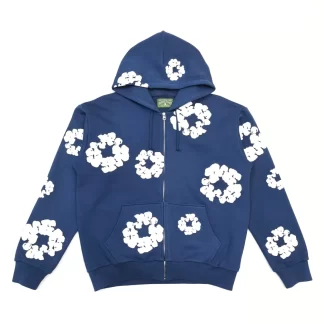 Denim Tears Blue Cotton Wreath Zip Hoodie – Heavyweight 400g Cotton Streetwear Hoodie