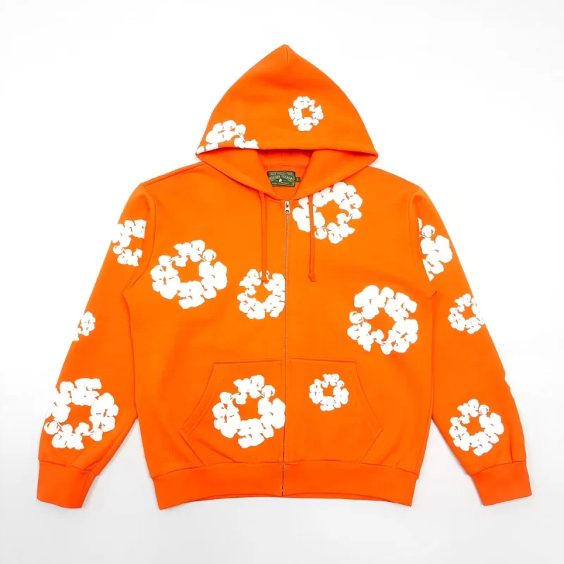 Denim Tears Orange Cotton Wreath Zip Hoodie – Heavyweight 400g Cotton Streetwear Hoodie