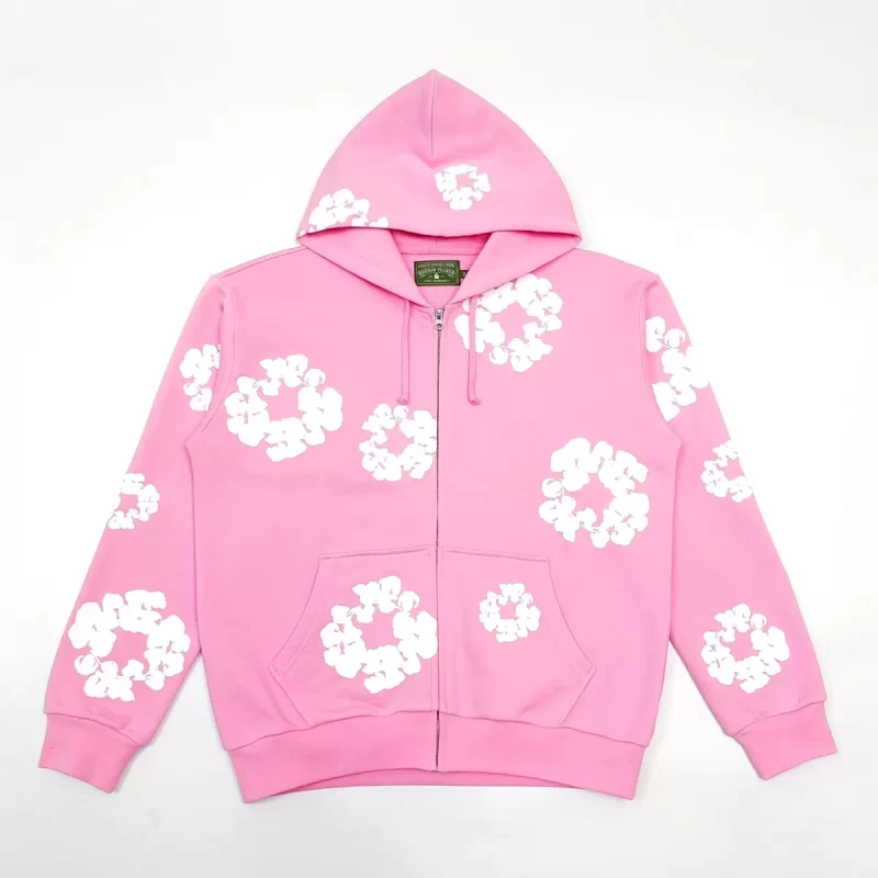 Denim Tears Pink Cotton Wreath Zip Hoodie – Heavyweight 400g Cotton Streetwear Hoodie