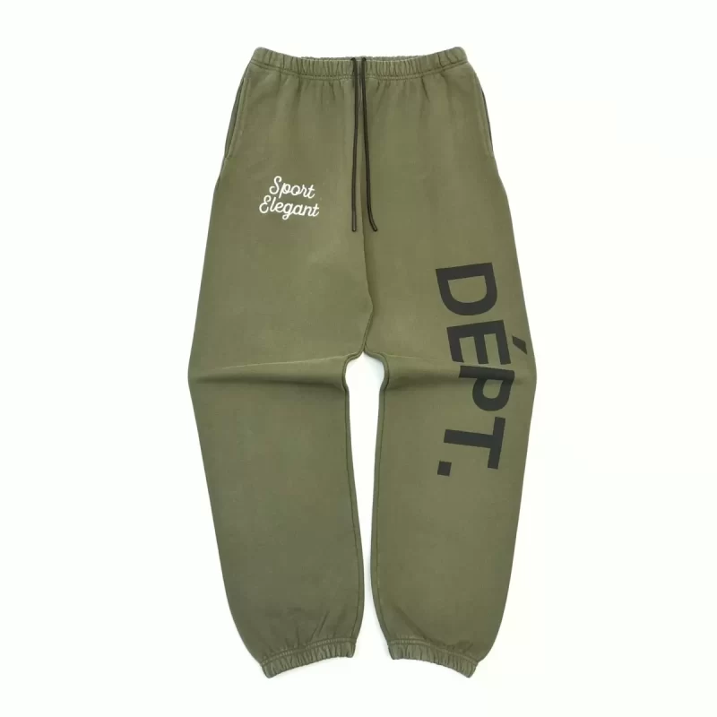 Gallery Dept Embroidered Sweatpants – Military Green Cotton Streetwear Pants 420g