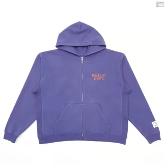 Gallery Dept Front & Back Orange Letter Zip Hoodie – Dark Blue Heavyweight Fleece
