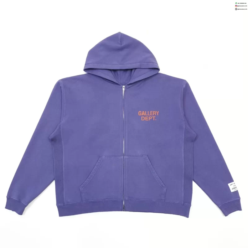 Gallery Dept Front & Back Orange Letter Zip Hoodie – Dark Blue Heavyweight Fleece