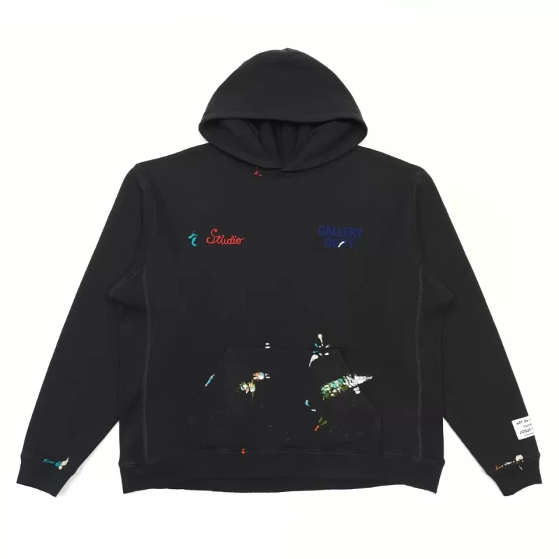 Gallery Dept Hand-Painted Embroidered Hoodie – Black Leather Patch Streetwear Hoodie