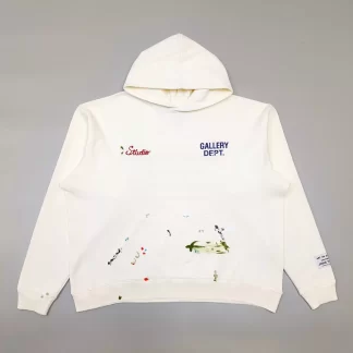 Gallery Dept Hand-Painted Hoodie – Cream Embroidered Leather Patch Streetwear Hoodie
