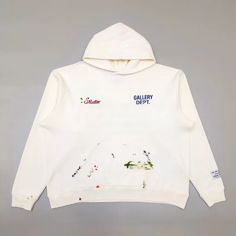 Gallery Dept Hand-Painted Hoodie – Cream Embroidered Leather Patch Streetwear Hoodie