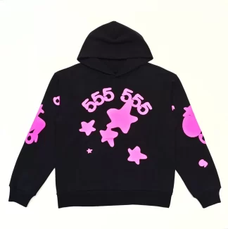 Sp5der 555 Black Hoodie – Pink Graphic Streetwear Hoodie 450g Heavyweight