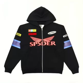 Sp5der Black Racing Zip Hoodie – Heavyweight 450g Cotton Graphic Hoodie