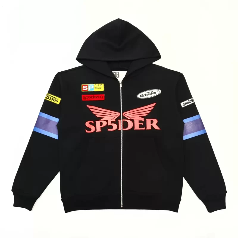 Sp5der Black Racing Zip Hoodie – Heavyweight 450g Cotton Graphic Hoodie