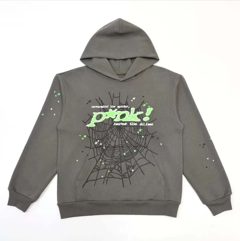 Sp5der Grey Graphic Hoodie – Green Logo Spider Web Streetwear Hoodie 450g
