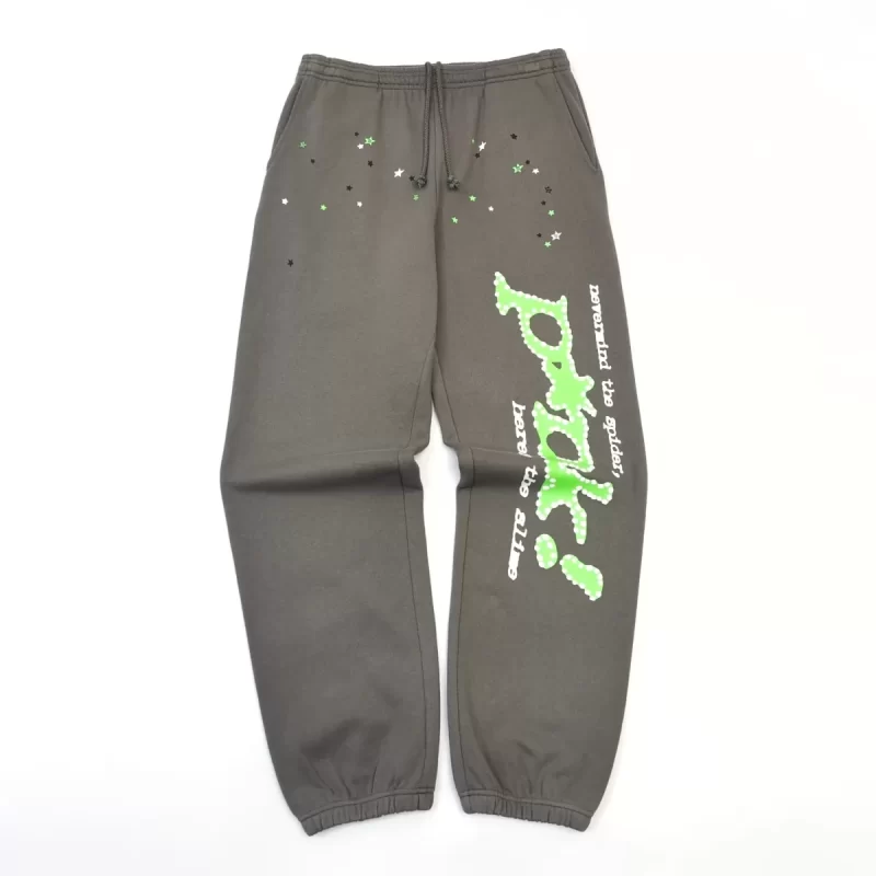 Sp5der Grey Graphic Sweatpants – Green Logo Streetwear Pants 450g Heavyweight