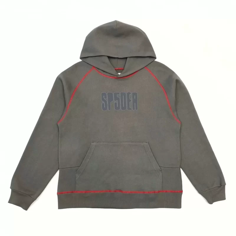 Sp5der Grey Hoodie with Red Stitch – Minimal Streetwear Pullover Hoodie 450g