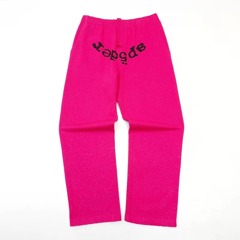 Sp5der Pink Rhinestone Sweatpants – Full Crystal Straight Leg Pants 420g Heavyweight