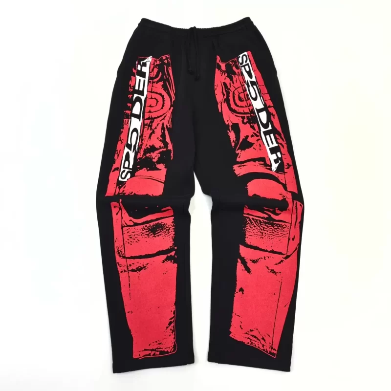 Sp5der Red Graphic Sweatpants – Black Streetwear Straight Leg Pants 450g Cotton