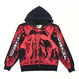 Sp5der Red Graphic Zip Hoodie – Black Streetwear Full Zip Hoodie 450g Cotton