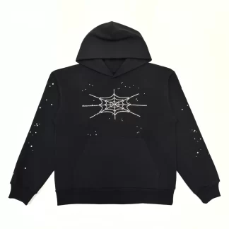 Sp5der Rhinestone Hoodie Black – Crystal Spider Web Hoodie Streetwear 420g