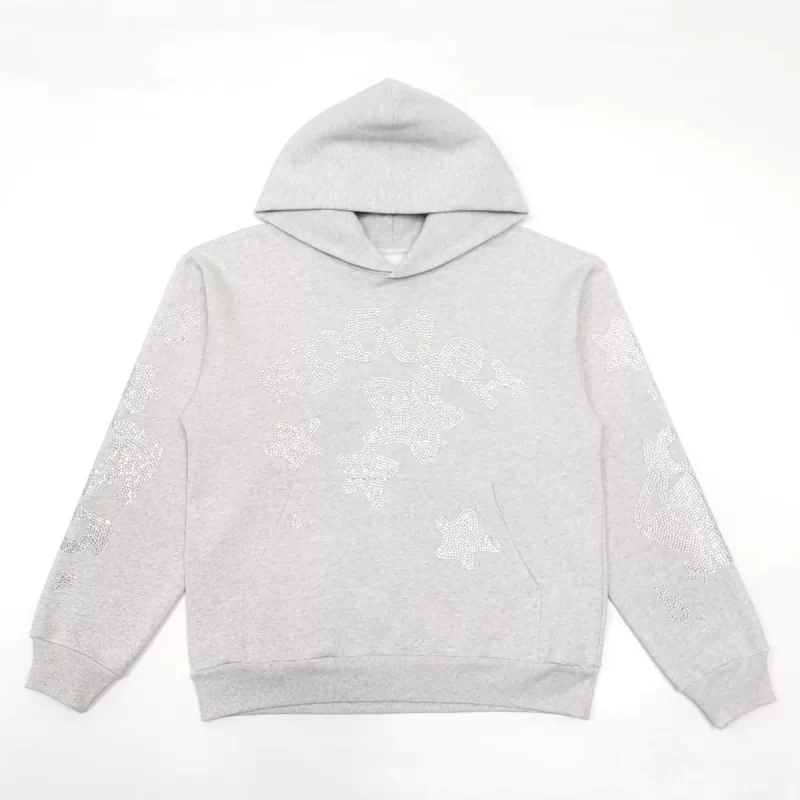 Sp5der Rhinestone Star Hoodie – Light Grey Premium Streetwear Hoodie